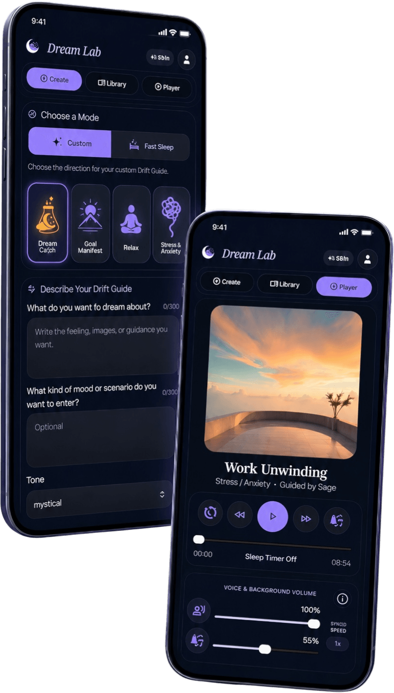 Dream Lab app preview showing the create and player screens