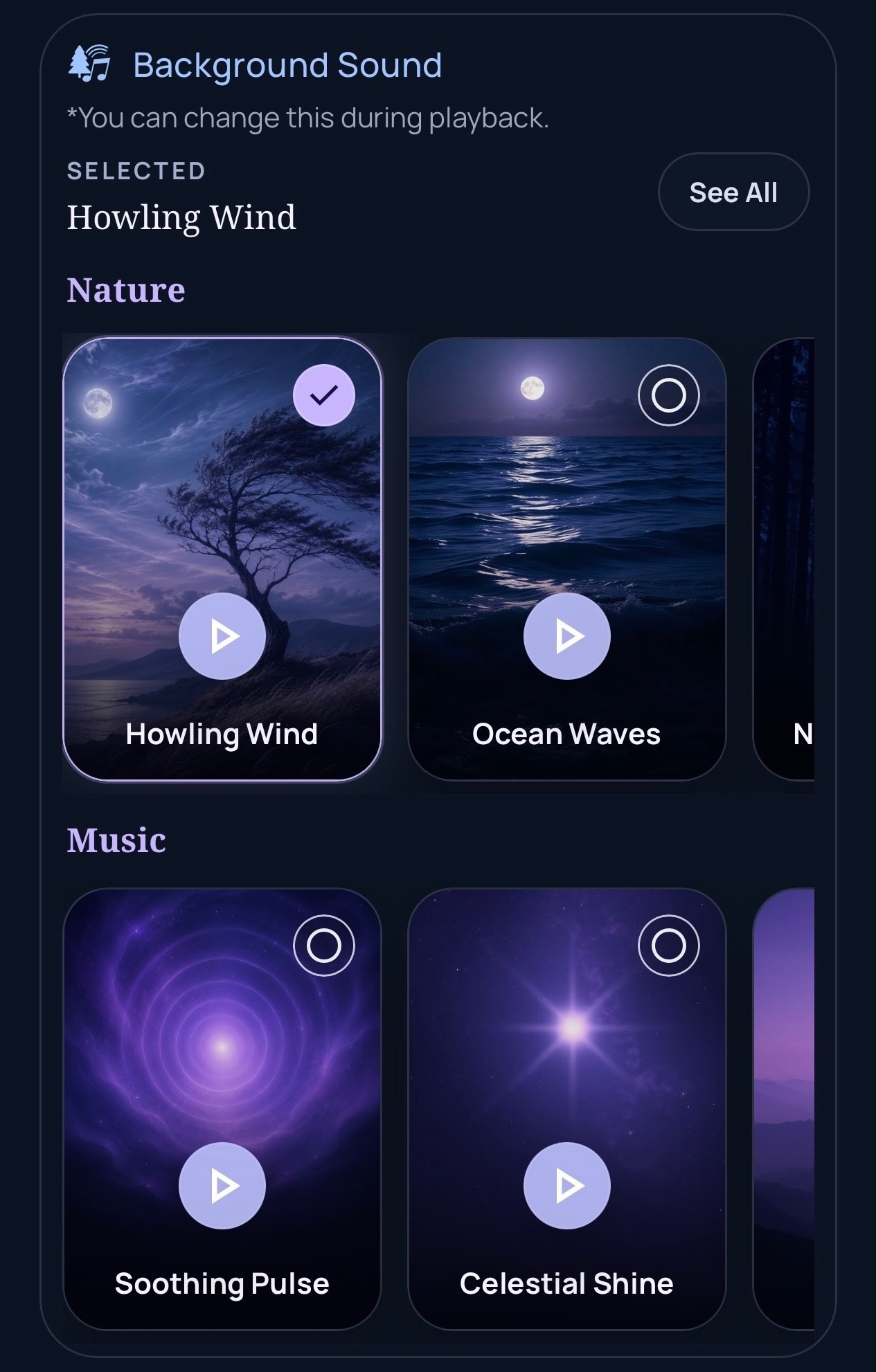 Dream Lab background sound picker showing the sound library and selected nature sound