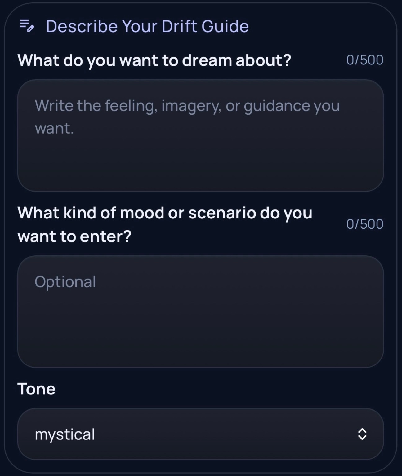 Dream Lab prompt input screen showing the Drift Guide description fields