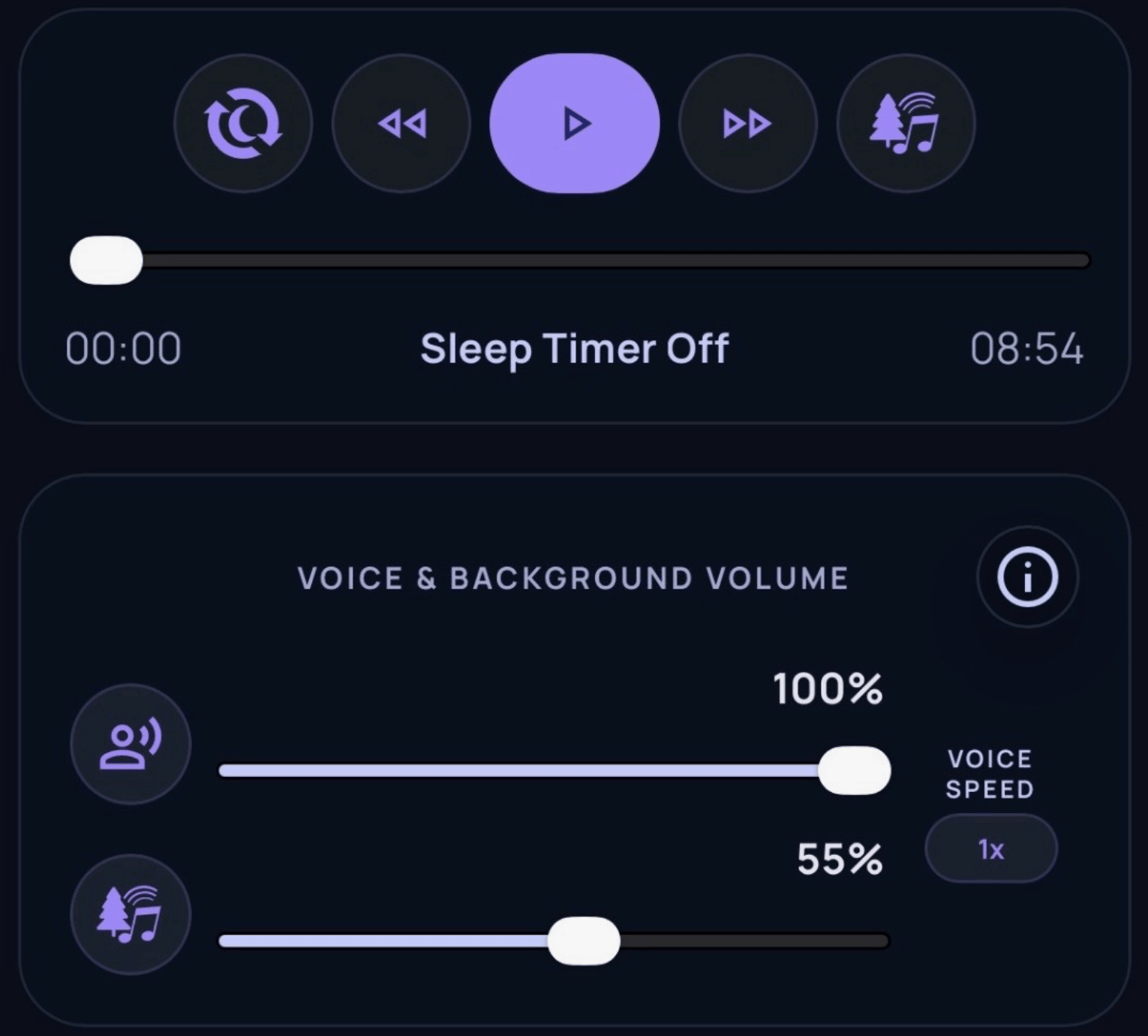Dream Lab player screen showing playback controls, timer, and volume sliders