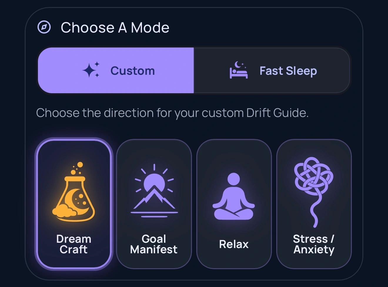 Dream Lab choose a mode screen showing the Custom and Fast Sleep toggle and mode cards