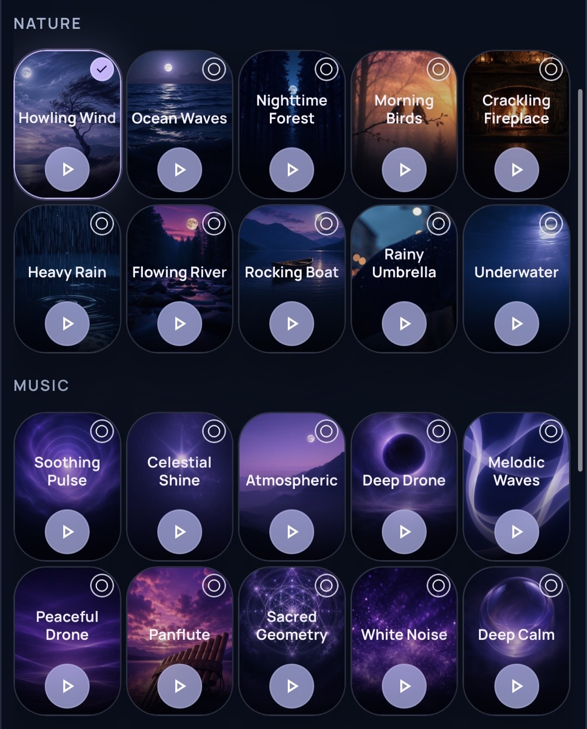 Dream Lab background sound library screen