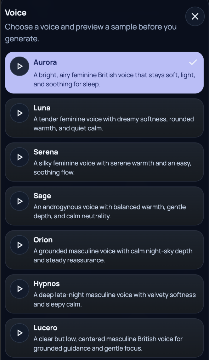 Dream Lab voice selection screen